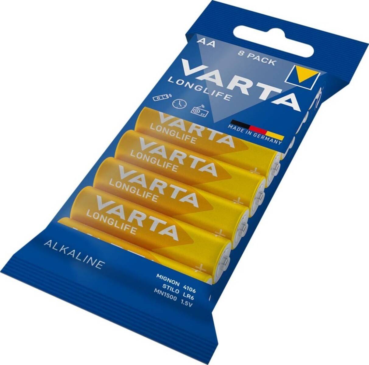 Ein Pack mit acht Varta Longlife AA-Alkalibatterien in blau-gelber Verpackung, gekennzeichnet mit 'Made in Germany', geeignet für Geräte mit hohen Leistungsanforderungen.