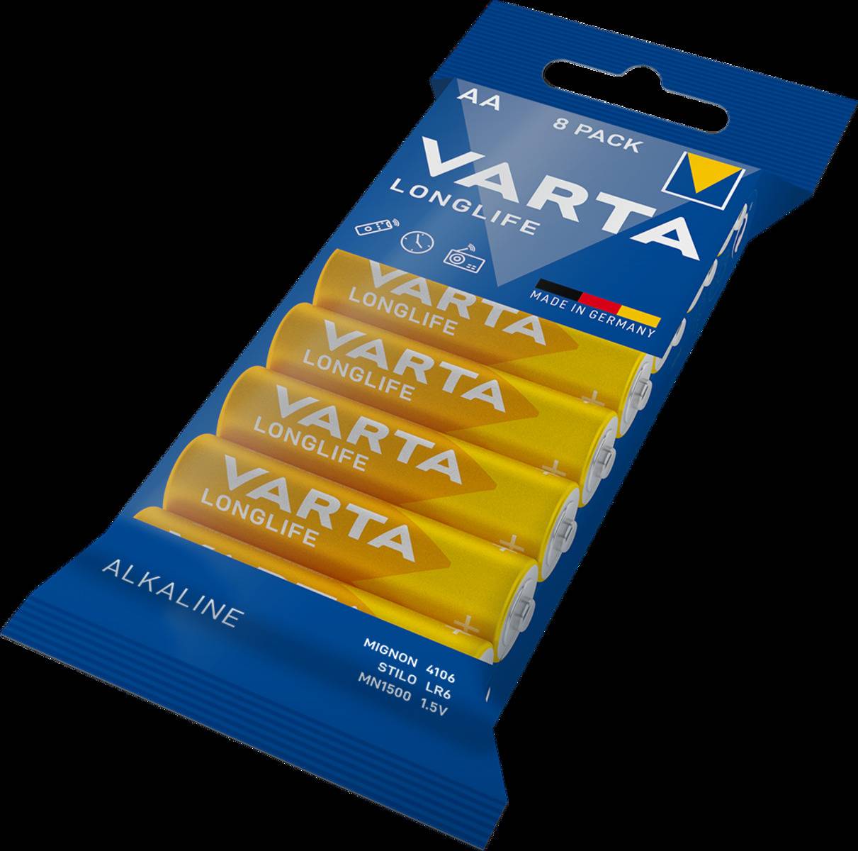 Achtererpack VARTA AA-Alkalibatterien, gekennzeichnet als 'LONGLIFE' und 'Made in Germany', in blau-gelber Verpackung.