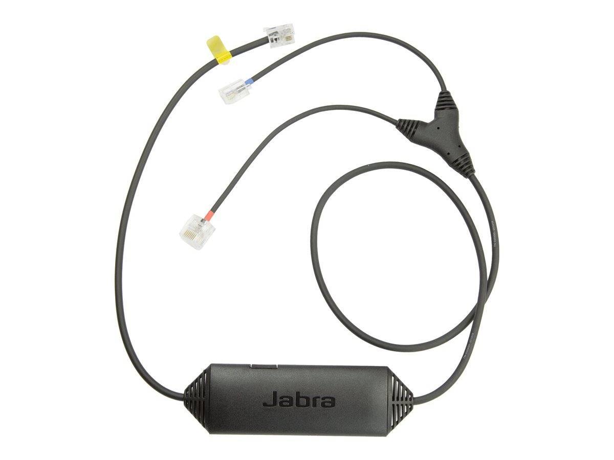 Jabra-Headset-Zubehörkabel mit Inline-Modul und mehreren Steckern, gezeigt auf weißem Hintergrund.