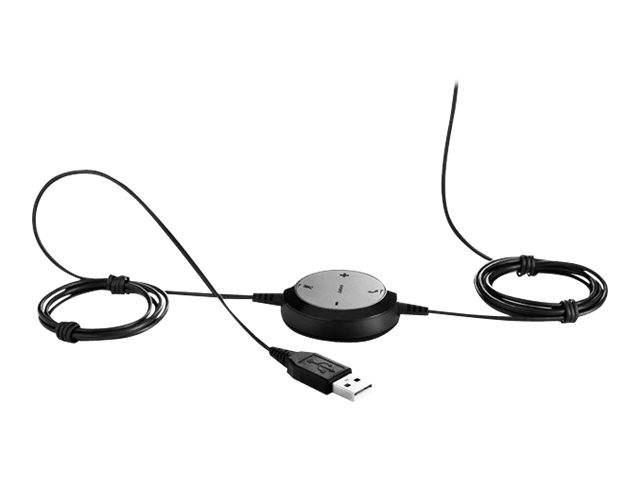 USB-Kabel mit rundem Inline-Steuerrad und Spiralkabeln an beiden Enden, dargestellt auf weißem Hintergrund.