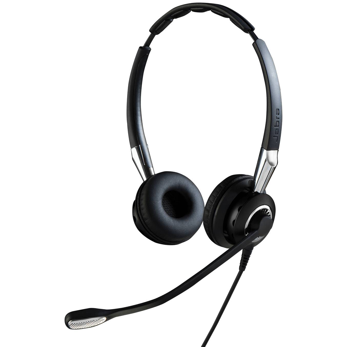 Schwarzes Over-Ear-Headset mit Boom-Mikrofon auf schwarzem Hintergrund, in Profilansicht dargestellt.