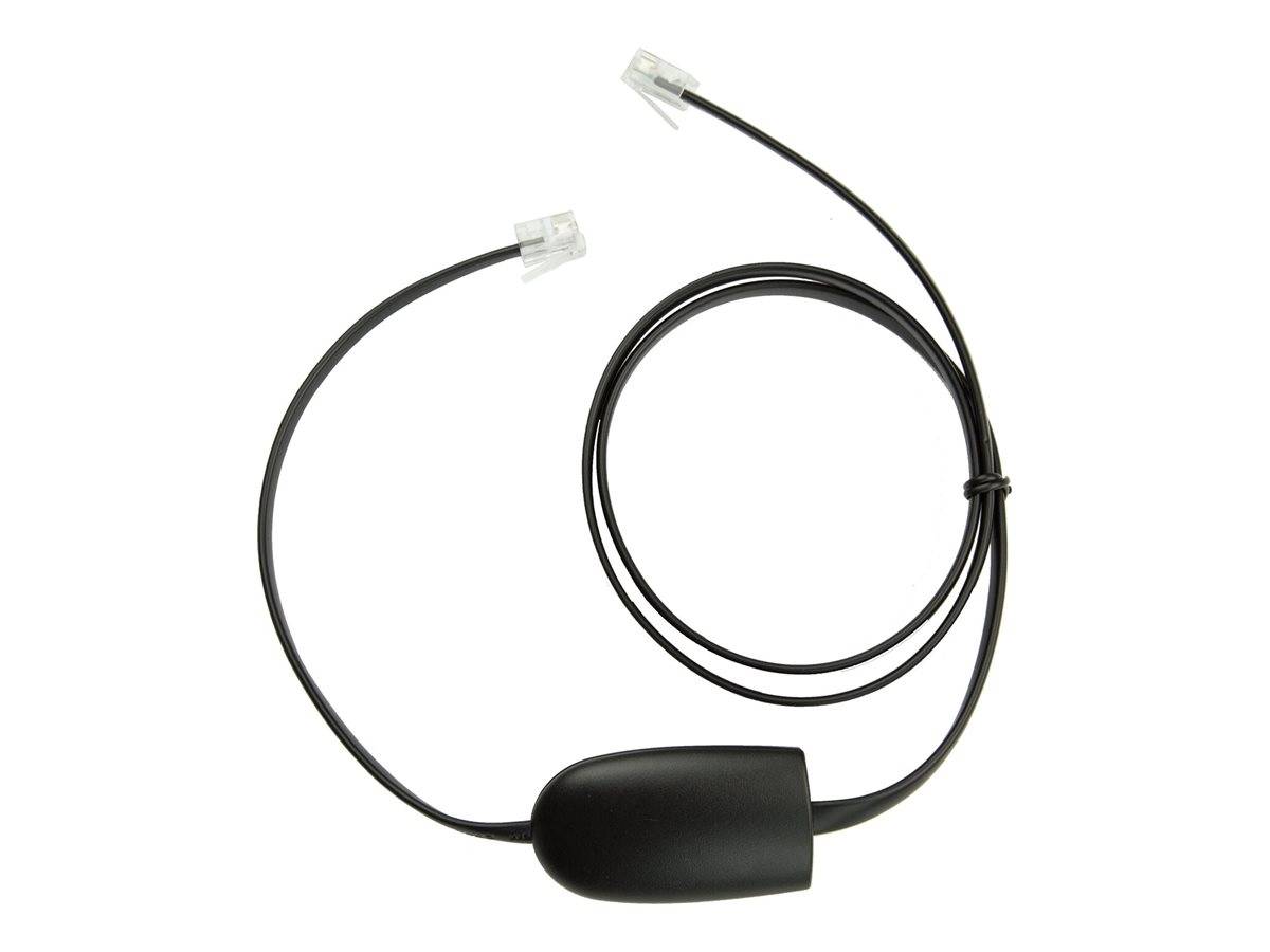Schwarzes Telefonhörer-Kabel mit modularen Steckverbindern und einem integrierten zylindrischen Adapter auf weißem Hintergrund