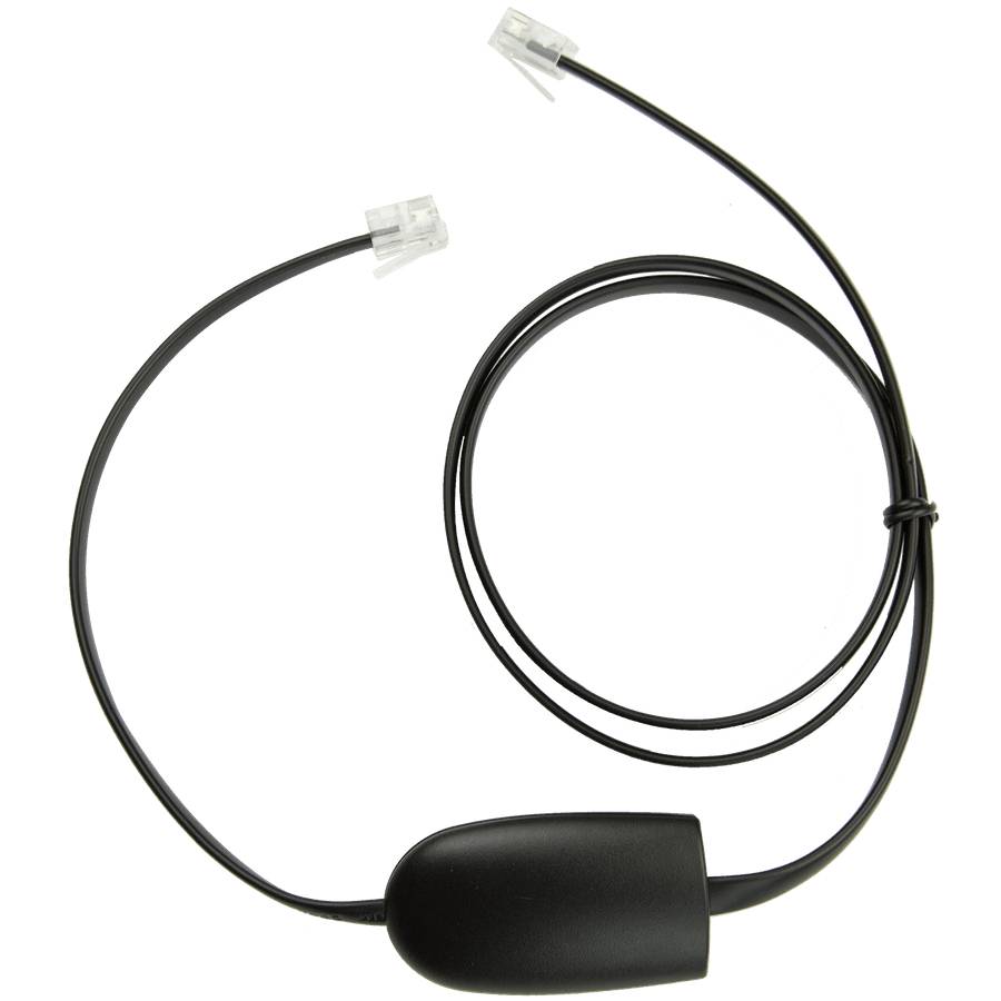 Schwarze Inline-Telefonadapter-Box im Stil eines Telefons mit zwei angebrachten Kabeln und transparenten modularen Steckern auf weißem Hintergrund.
