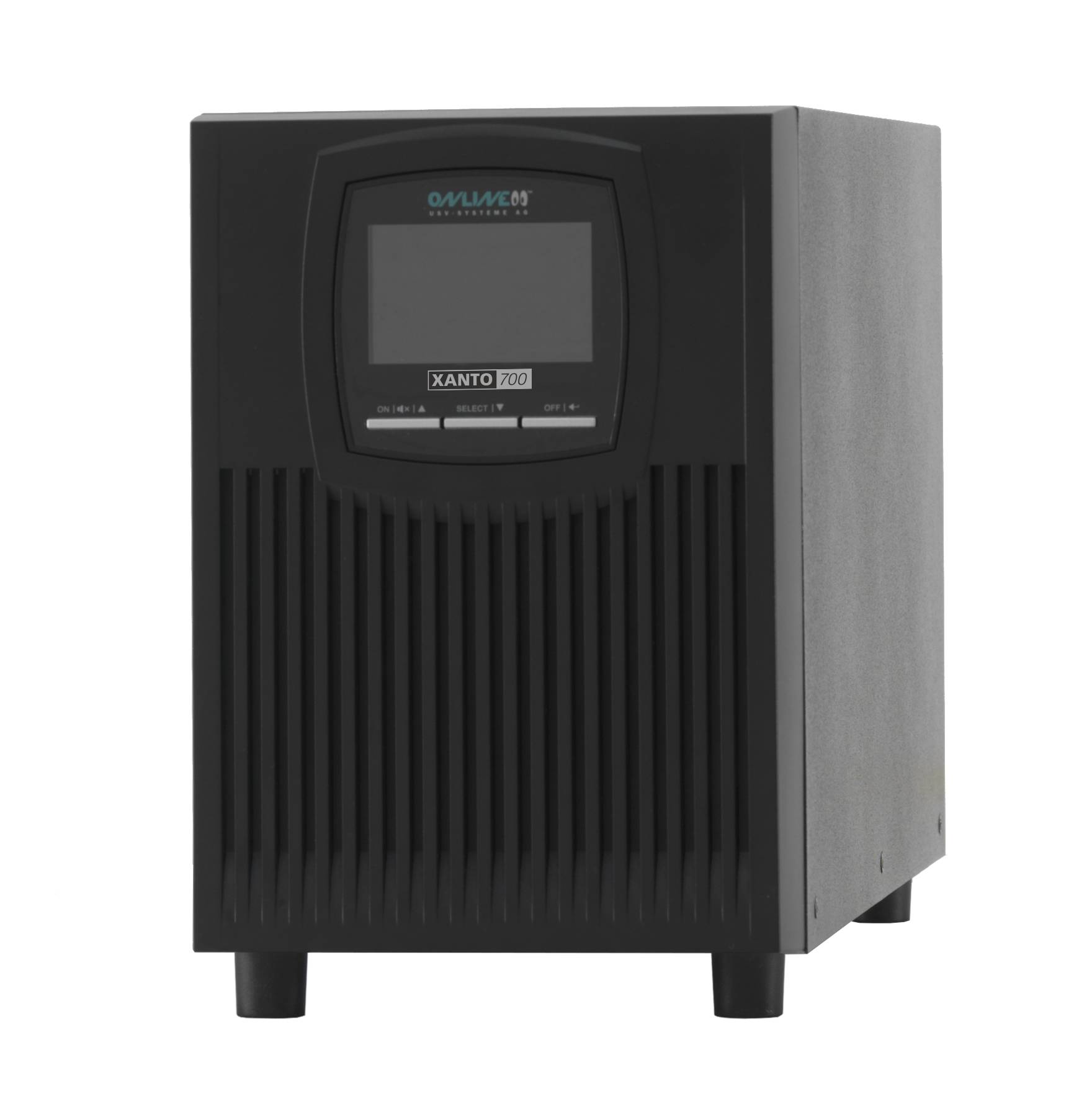 Schwarze Xanto 700 USV-Batterie-Backup-Einheit mit Frontdisplay und belüfteten Paneelen, dargestellt auf weißem Hintergrund.
