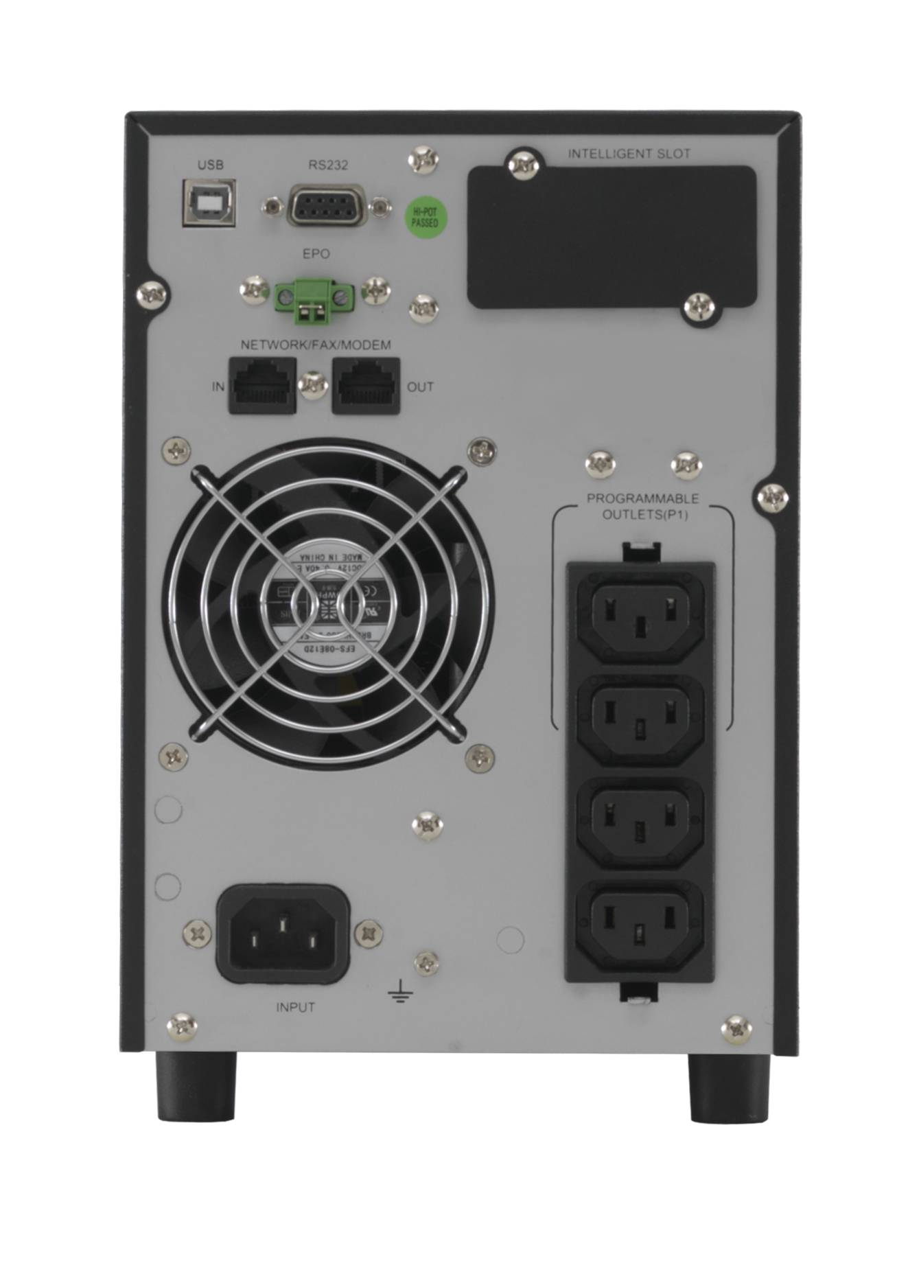 Rückseite einer APC-USV mit USB- und RS232-Anschlüssen, Netzwerk-Modem-Buchsen, Lüfter und vier programmierbaren Ausgangsanschlüssen.
