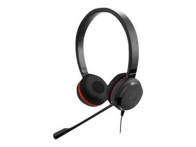 Schwarzes Over-Ear-Kopfhörer-Headset mit Kabelverbindung und Boom-Mikrofon auf weißem Hintergrund.