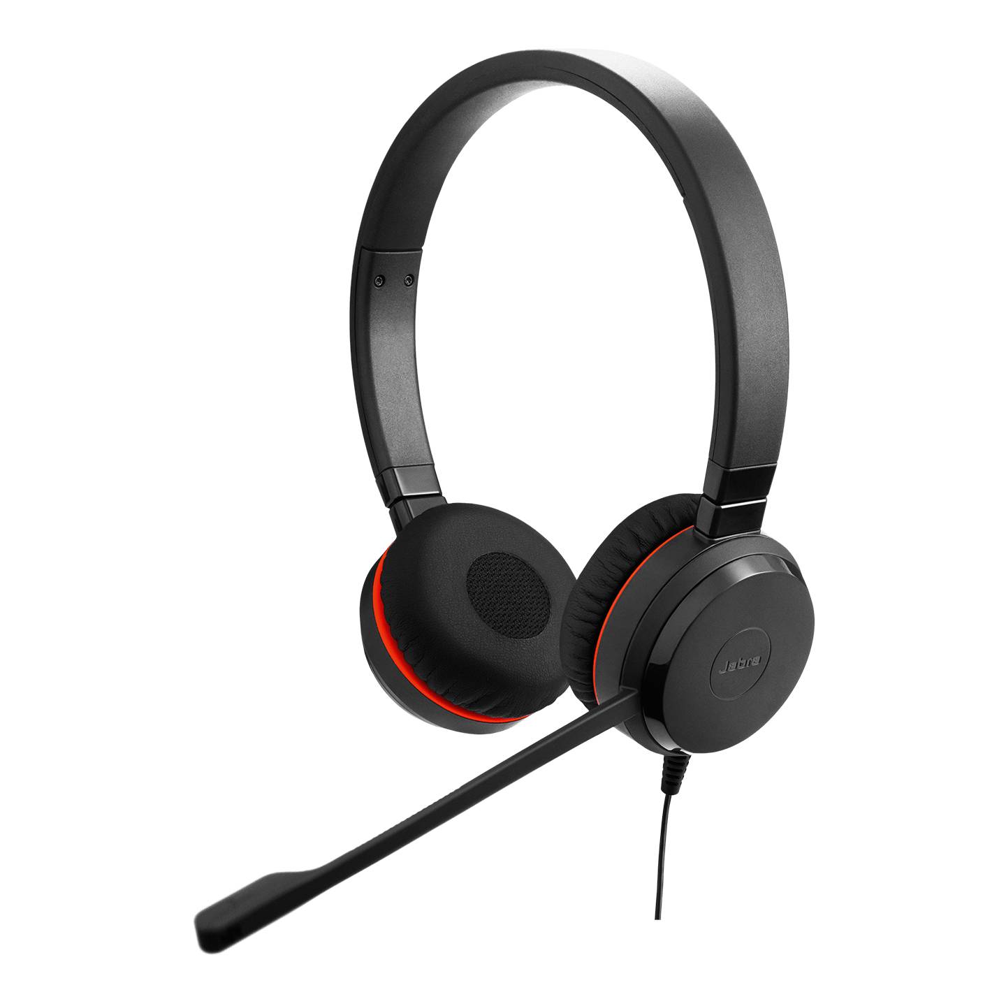 Schwarzes Over-Ear-Kopfhörer-Set mit Boom-Mikrofon und rotem Akzentring auf weißem Hintergrund.