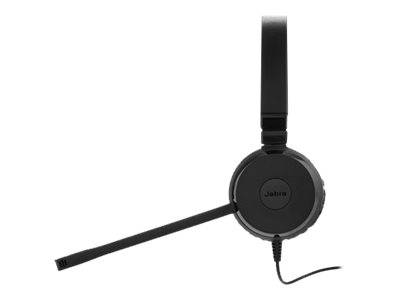 Schwarzes Jabra-Kopfhörer-Headset mit Overbügel, Boom-Mikrofon und angebrachtem Kabel auf weißem Hintergrund.