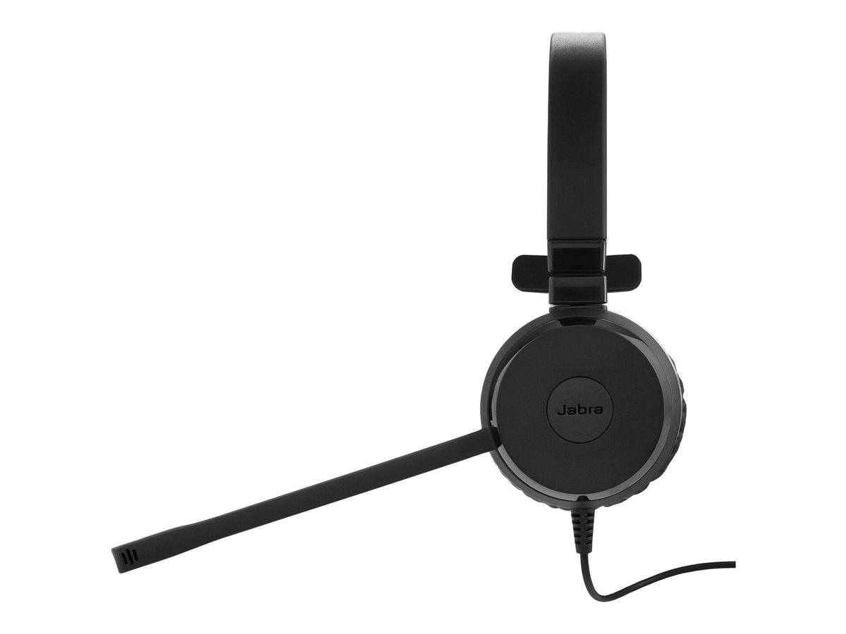 Schwarzes Jabra Over-Ear-Headset mit Boom-Mikrofon auf weißem Hintergrund.