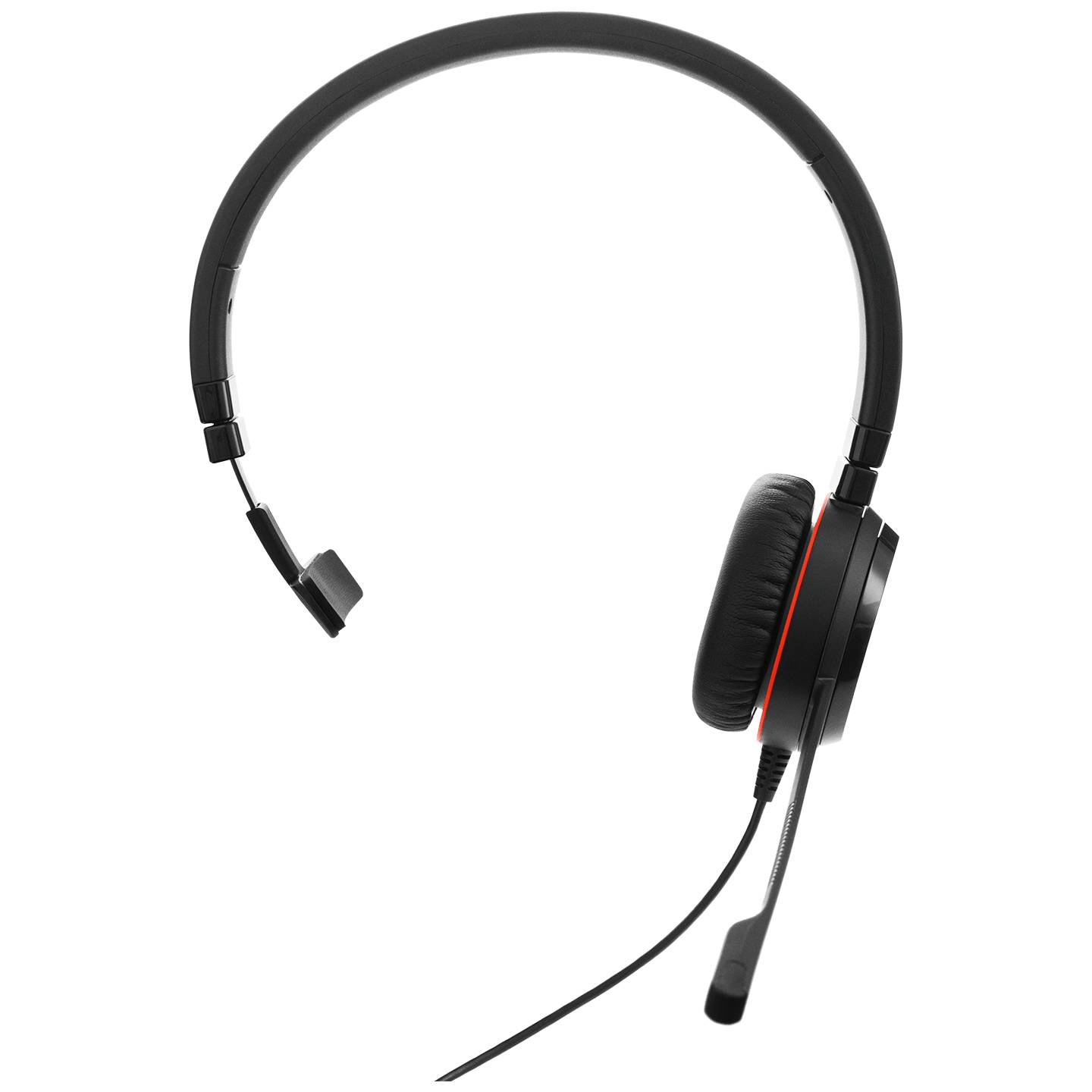 Schwarzes Over-Ear-Kopfhörer-Set mit Boom-Mikrofon auf einfarbigem schwarzem Hintergrund, gezeigt in der Seitenansicht.