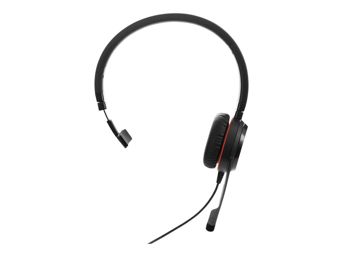 Schwarzes Over-Ear-Headset mit Boom-Mikrofon auf weißem Hintergrund, in Seitenansicht dargestellt.