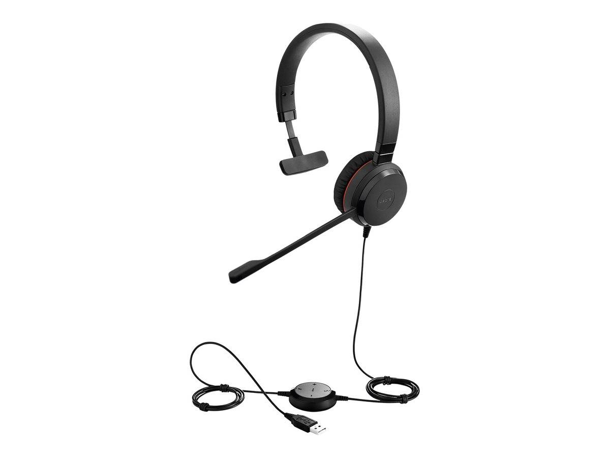 Schwarzes schnurgebundenes On-Ear-Headset mit Mikrofongalgen und Inline-USB-Steuerung, gezeigt auf weißem Hintergrund.