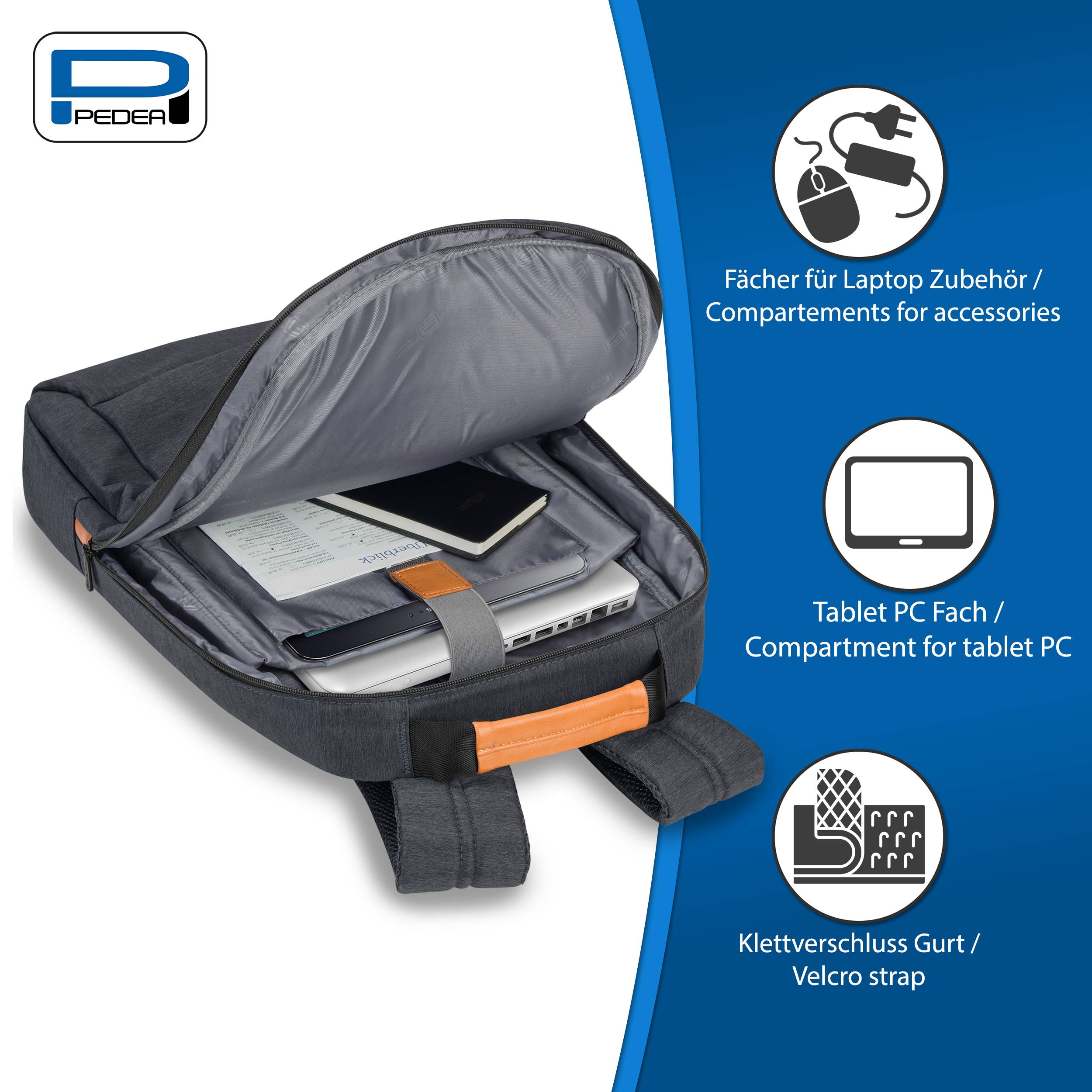 Offene Laptop-Tasche mit gepolsterten Fächern für Zubehör und Tablet-PC, plus Klettverschlussband; Produktillustration mit Funktionssymbolen.