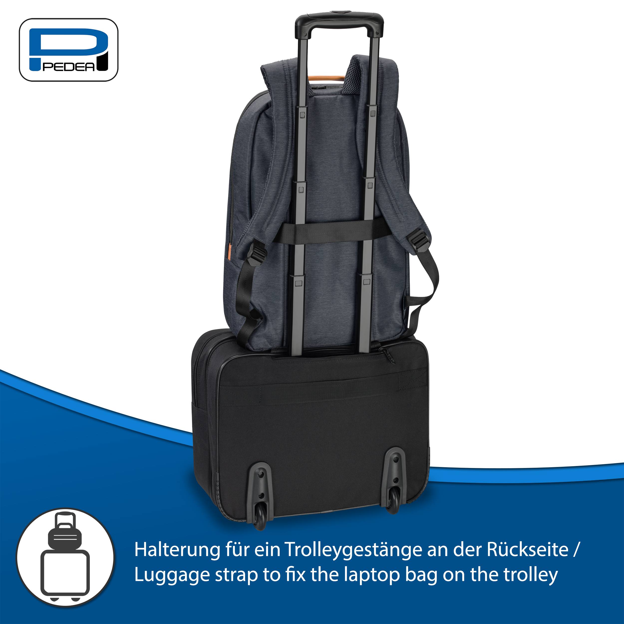 Laptoptasche mit hinterem Trolley-Riemen und Rollen, die an einem Koffergriff befestigt ist; das PEDEA-Logo und deutscher Text erklären, dass sie die Tasche an einem Trolley befestigt.