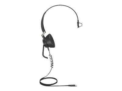 Schwarzes Over-Ear-Kopfhörer-Set mit Boom-Mikrofon und Spiralkabel, gezeigt auf einem einfachen weißen Hintergrund.