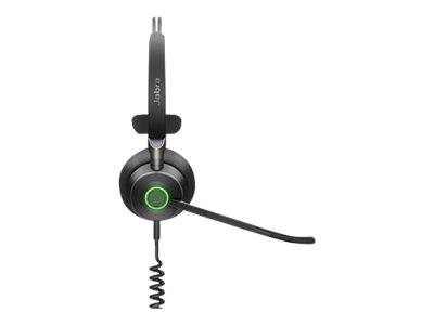 Schwarzes On-Ear-Headset mit Boom-Mikrofon, Frontansicht auf weißem Hintergrund gezeigt.