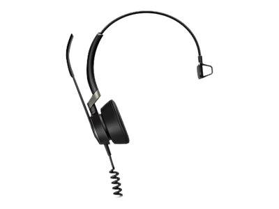 Schwarzes Over-Ear-Headset mit Boom-Mikrofon und Spiralkabel auf weißem Hintergrund.