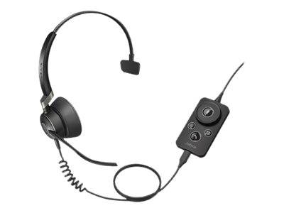 Schwarzes Over-Ear-Headset mit Boom-Mikrofon und Inline-Fernbedienung auf weißem Hintergrund.