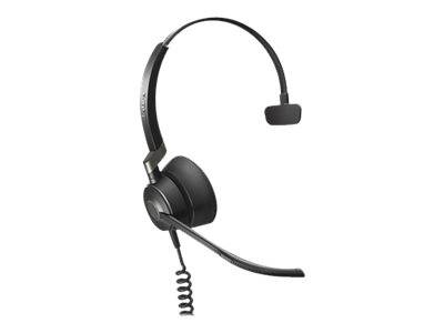 Schwarzes Kopfbügel-Headset mit Boom-Mikrofon und Spiralkabel auf weißem Hintergrund