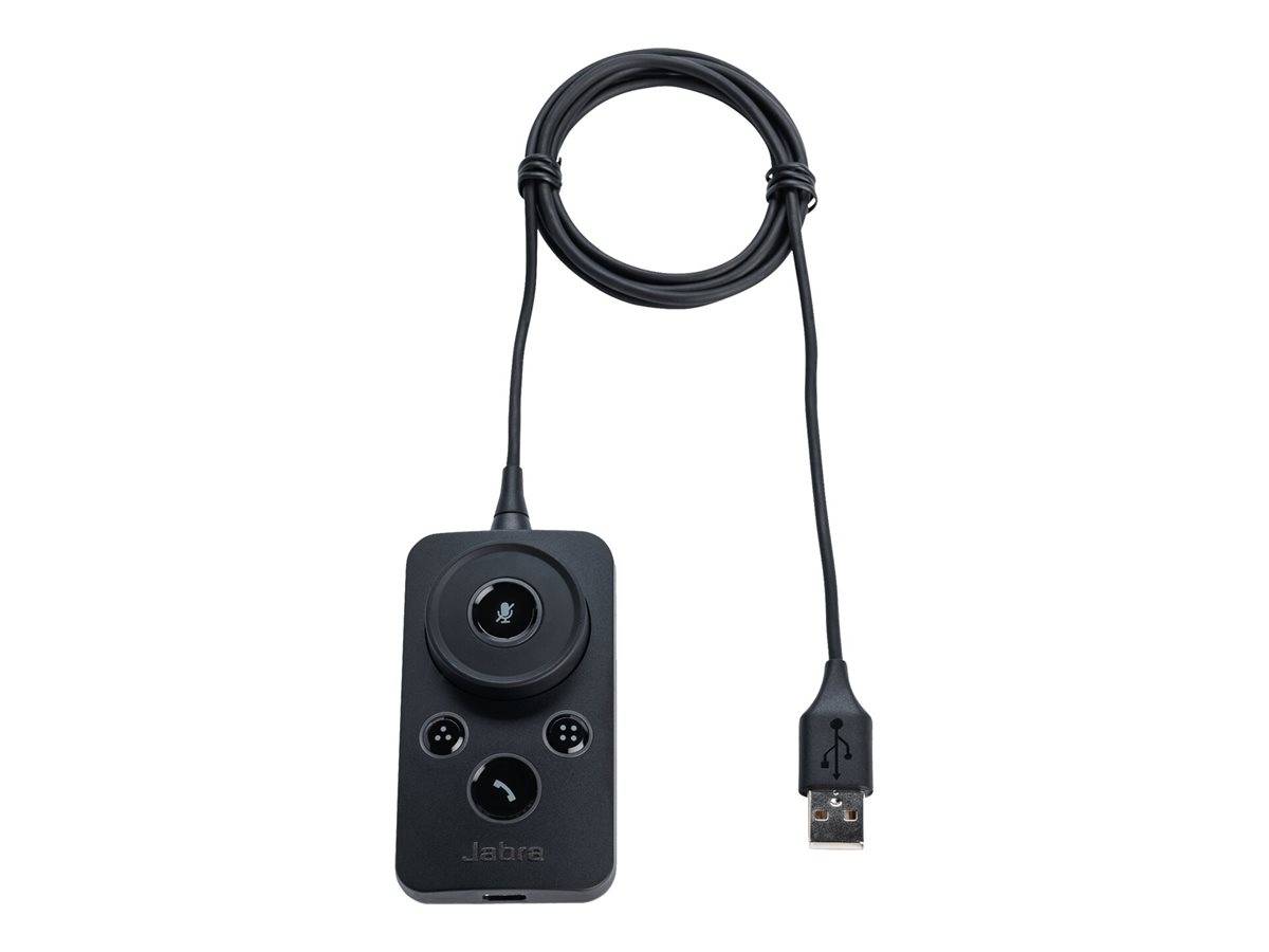 Schwarze Jabra-Sprachsteuerungseinheit mit Kabel mit drei Tasten und angefügtem USB-Kabel, dargestellt vor weißem Hintergrund.