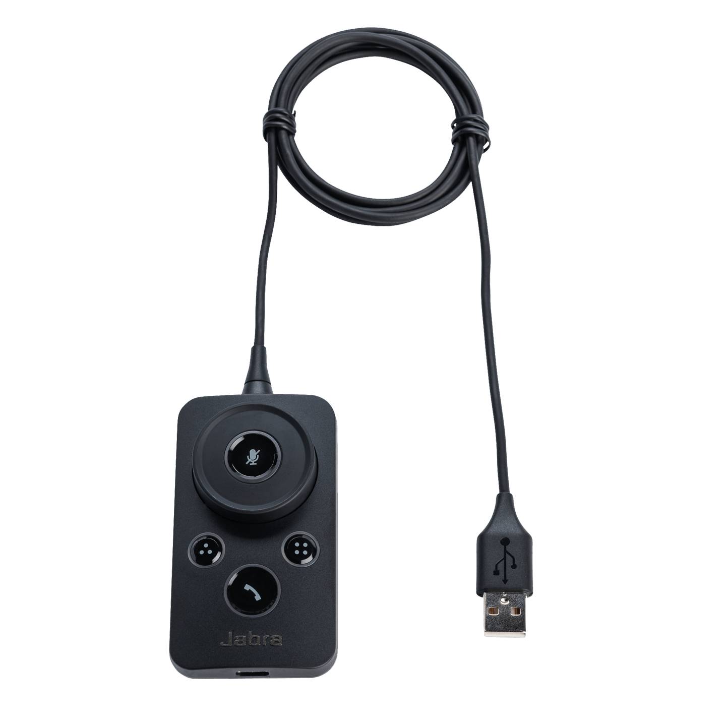 Schwarzes Jabra USB-Headset-Steuergerät mit Mikrofon-Stummschalter, Anrufen und Lautstärkereglern, shown with attached USB cable and plug.