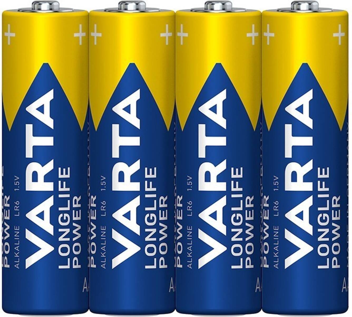 Vier Varta AA-Batterien nebeneinander ausgerichtet, mit deutlich sichtbarem Aufdruck 'LONG LIFE POWER'.
