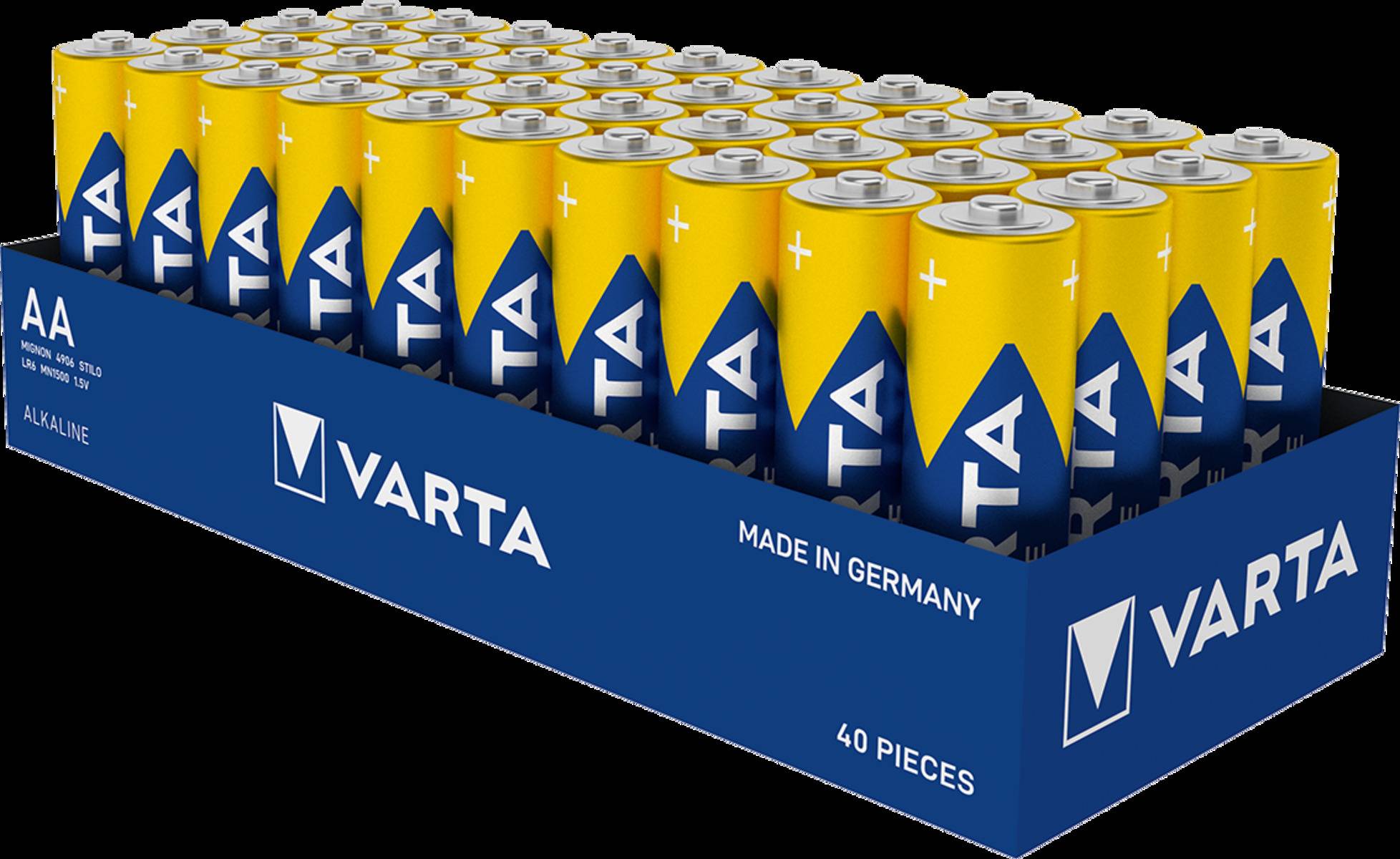 Karton mit 40 Varta-Batterien in Reihen angeordnet, mit dem Aufdruck 