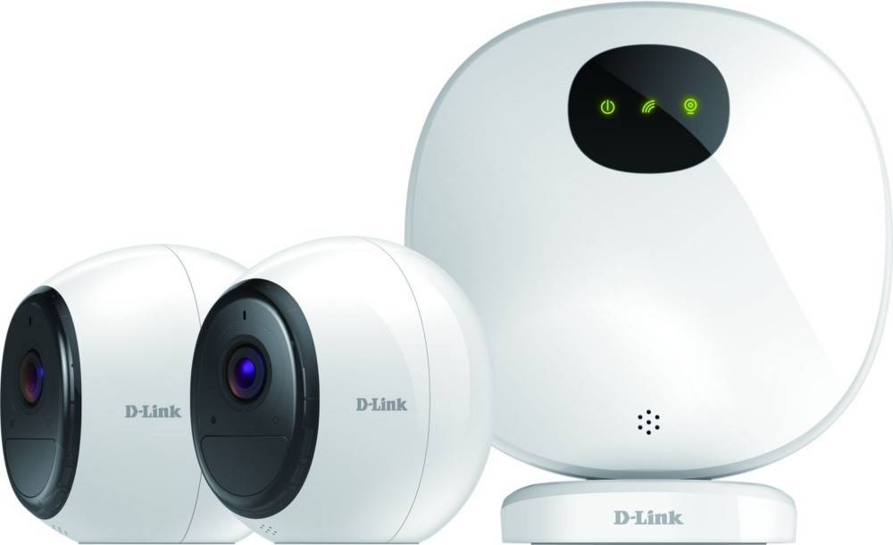 D-Link Heimsicherheitssystem mit Kameras und einer Zentrale, ausgestattet mit LED-Anzeigen zur Statusanzeige. Geeignet für die Überwachung von Innenräumen.