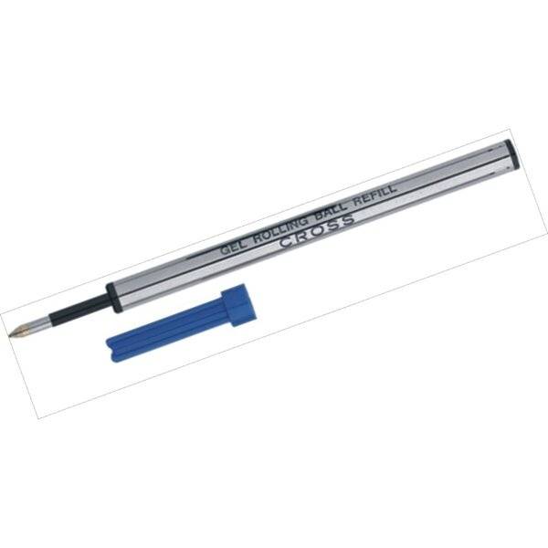 Gel-Rollerschreiber mit Kreuzdesign und blauer Kappe, neben seiner langen durchsichtigen und silbernen Nachfüllpatrone dargestellt.