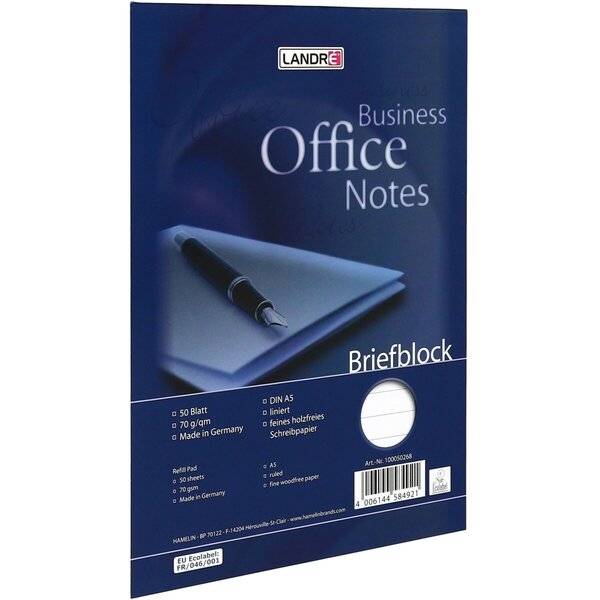 Blue Landré 'Business Office Notes' A5 linierter Notizblock mit 50 Blatt, gezeigt mit einem Stift auf dem Umschlag.