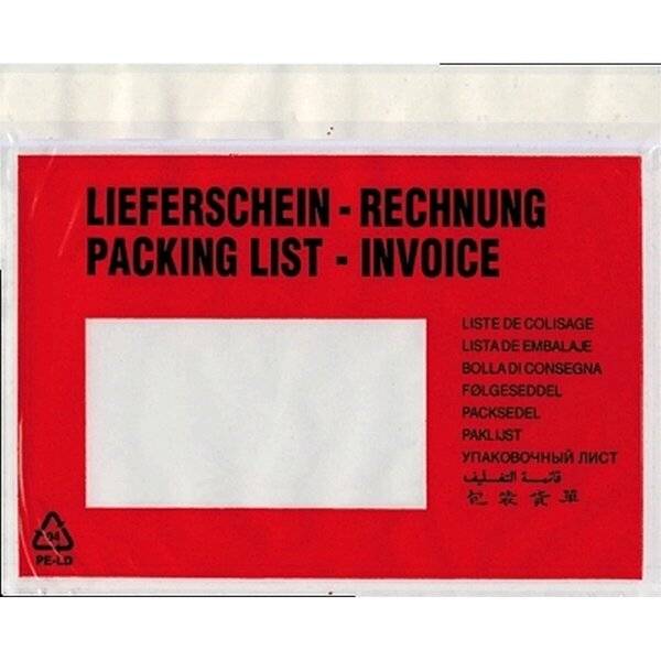 Rotes Versandetikett mit den Aufschriften „LIEFERSCHEIN - RECHNUNG