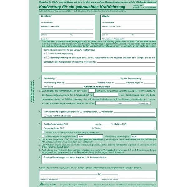 Kaufvertrag für gebrauchte Kfz. VE=10 Stück