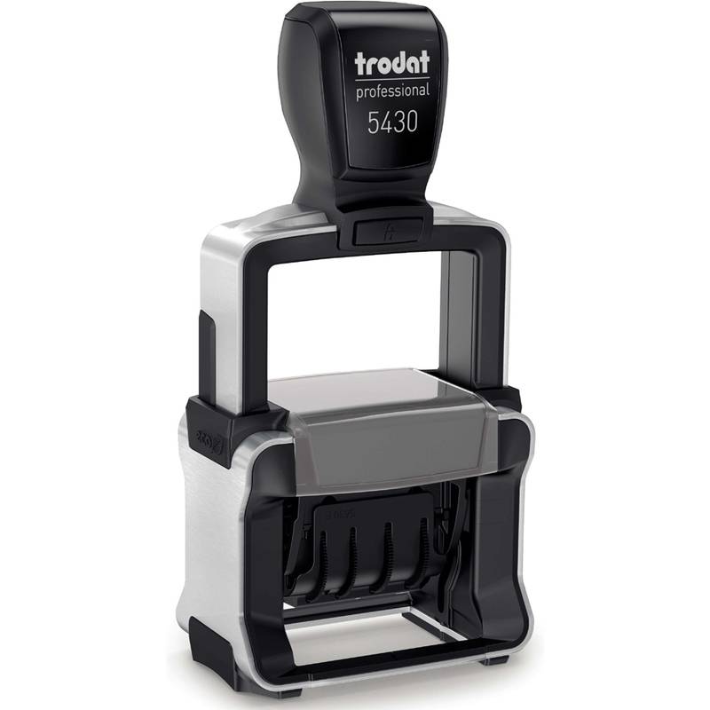 Trodat Professional 5430 selbstfärbender Stempel, schwarzer und silberner Bürogummistempel auf weißem Hintergrund.