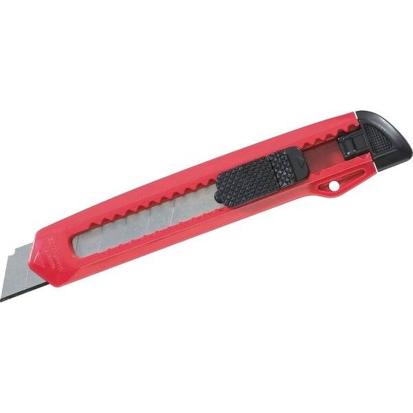 Roter Universalkasten-Messer mit ausfahrbarer Klinge auf weißem Hintergrund.