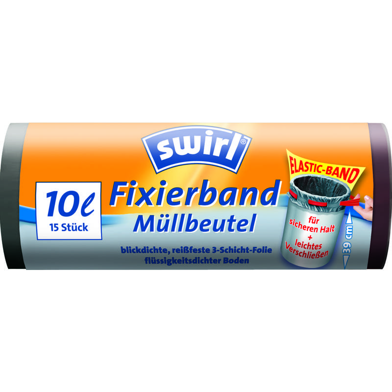 swirl Mülleimerbeutel, mit Fixierband, schwarz, 10 Liter