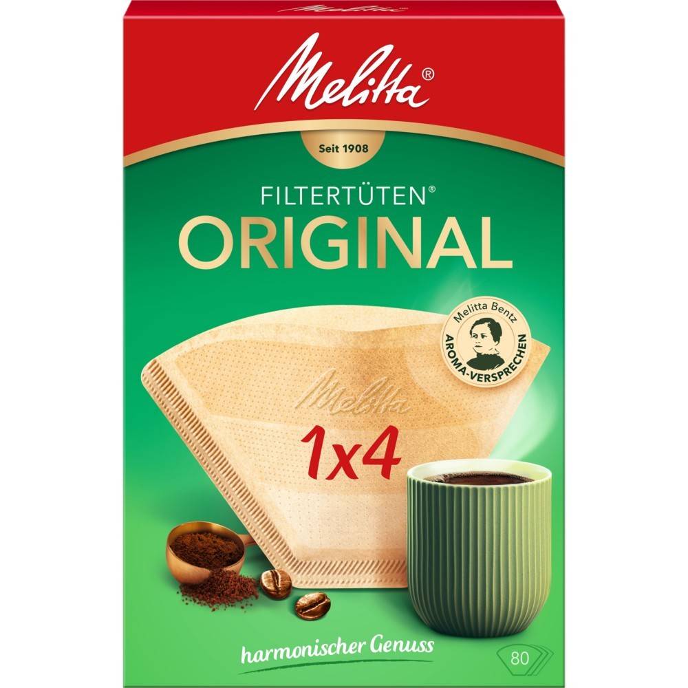 Packung Melitta Kaffeefilter, Aufdruck 'Original', Größe 1x4, mit Abbildung einer Tasse Kaffee und Kaffeebohnen.