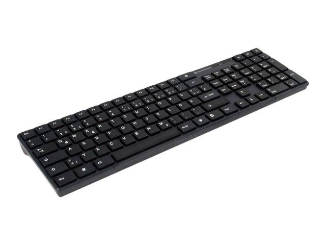 Schwarze kabellose Computertastatur in schräger Ansicht auf weißem Hintergrund.