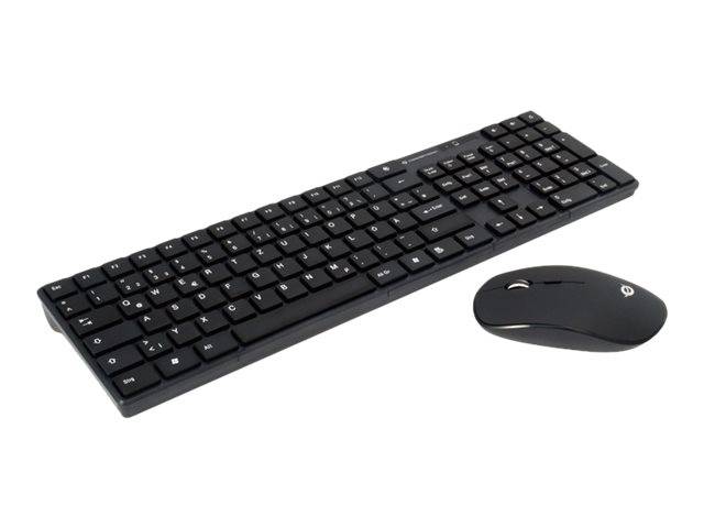Schwarze kabellose Tastatur und Maus auf weißem Hintergrund.