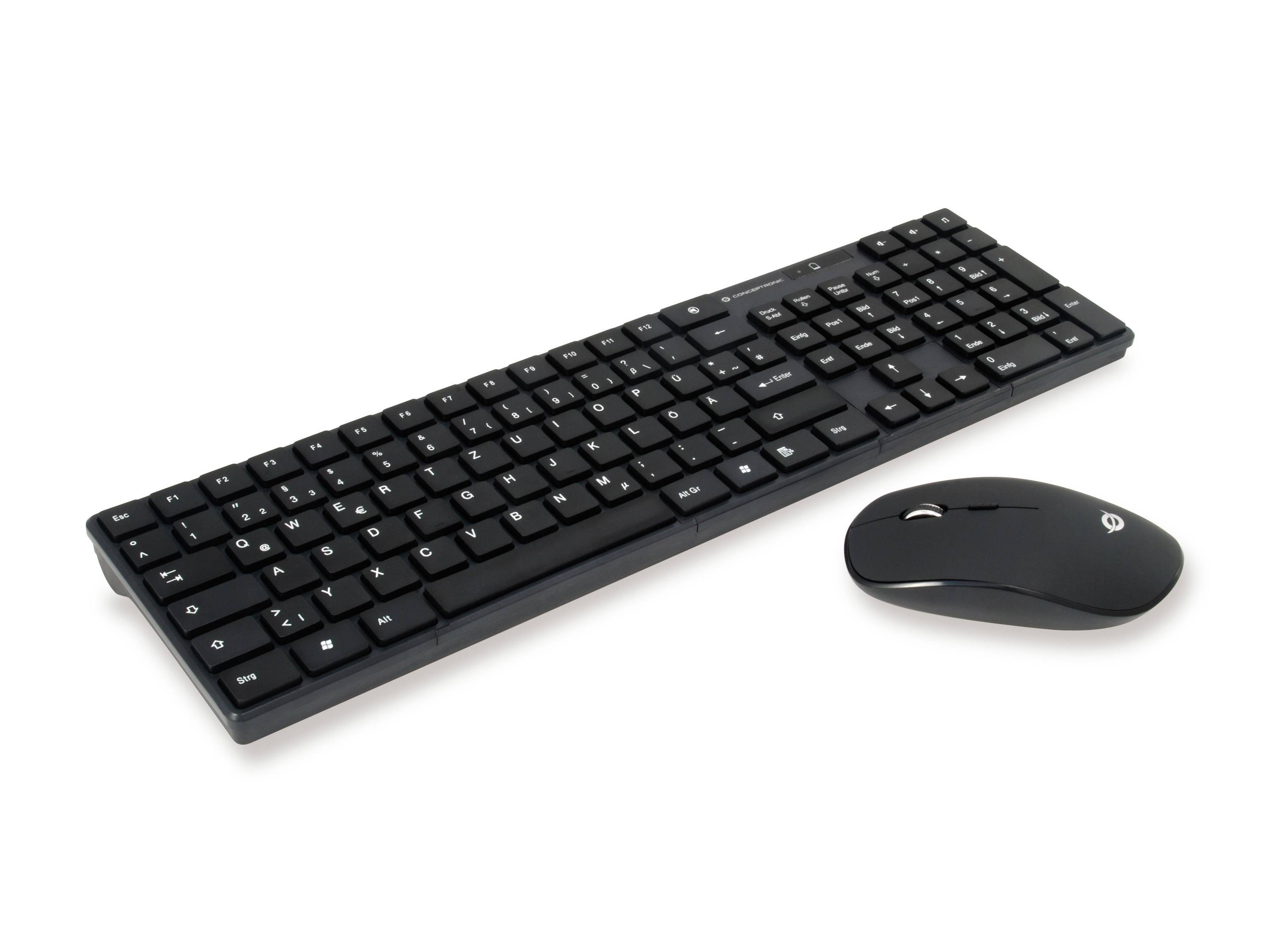 Schwarze kabellose Tastatur mit einer passenden kabellosen Maus auf weißem Hintergrund.