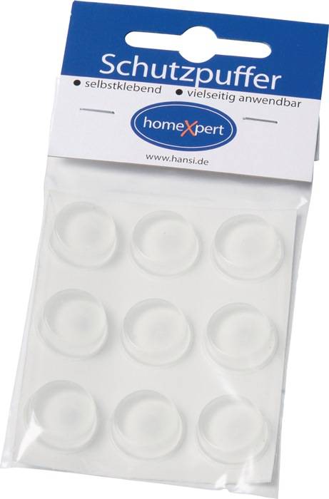 Packung mit runden, transparenten Klebepuffern der Marke 'homeXpert'. Zum Dämpfen oder Abstandhalten, in einer ungeöffneten Plastikverpackung gezeigt.