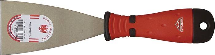 Ein Schaber mit rotem Griff und Metallklinge, typischerweise zum Entfernen von Farbe oder Tapeten, von der Seite gezeigt.