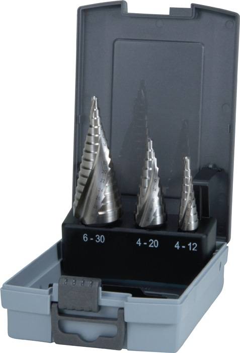 Mehrstufenbohrersatz D.4-12/4-20/4-30mm HSS Spiralnut 3tlg.Ku.-Kass.RUKO