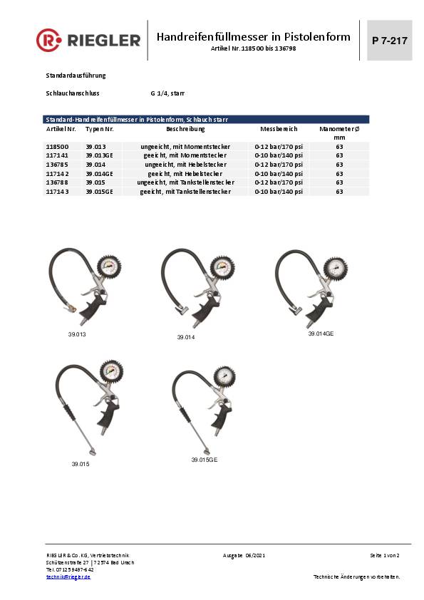 Handreifenfüllmesser Standardausf.ungeeicht,m.Momentstecker DN 7,2 RIEGLER