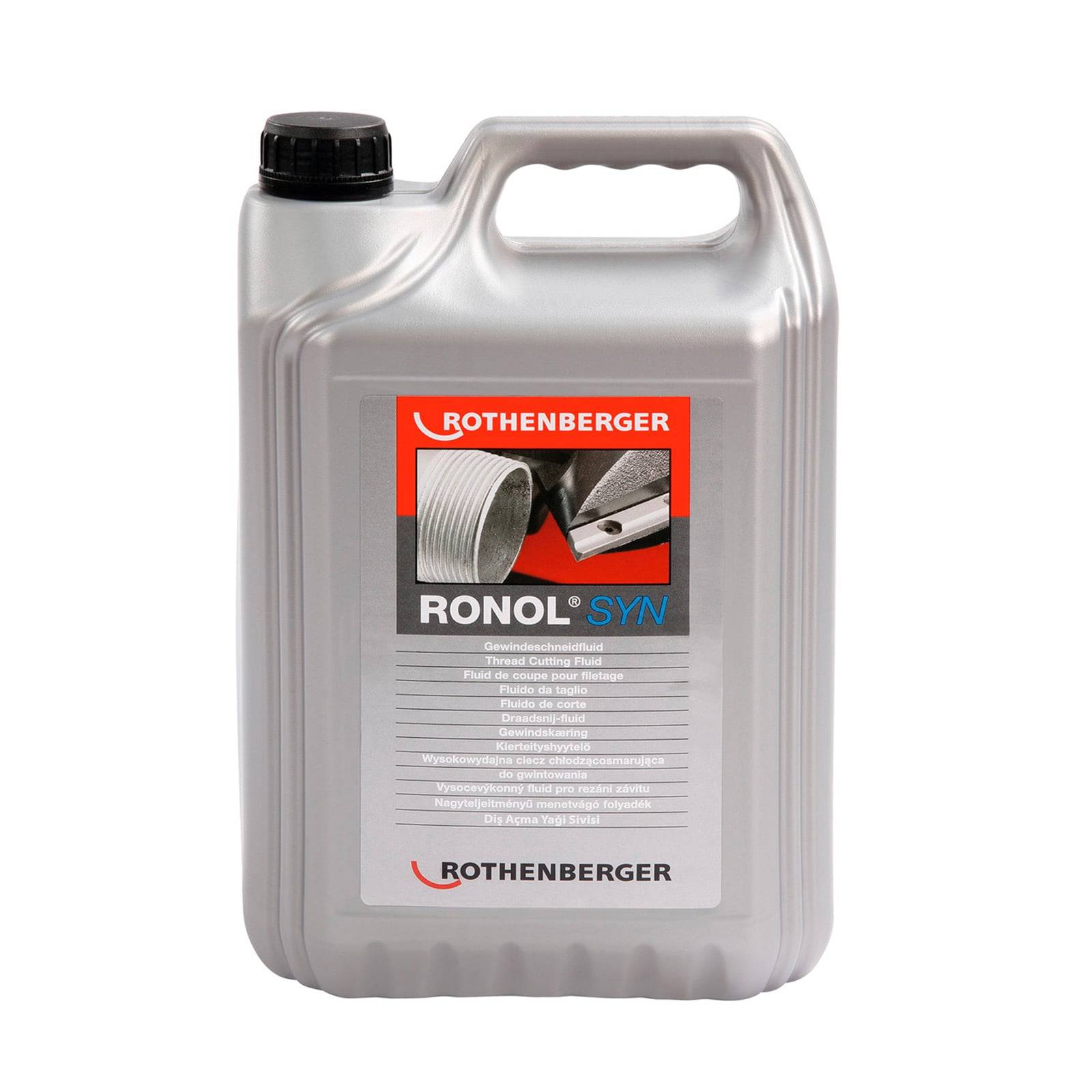 Behälter von 'Rothenberger RONOL SYN' Schmiermittel für Gewindemaschinen mit einem roten und silbernen Etikett, das Produktdetails enthält.