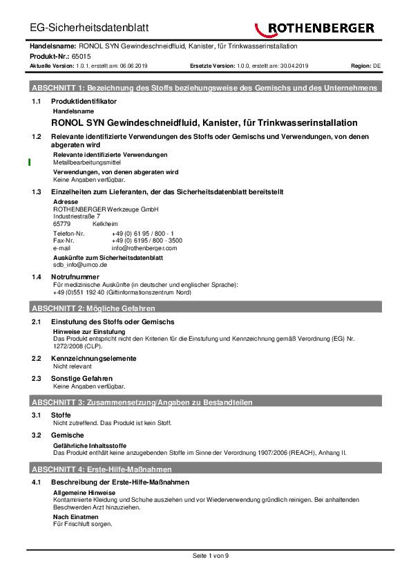 Hochleistungsgewindeschneidfluid RONOL® Syn 5l DVGW Kanister ROTHENBERGER