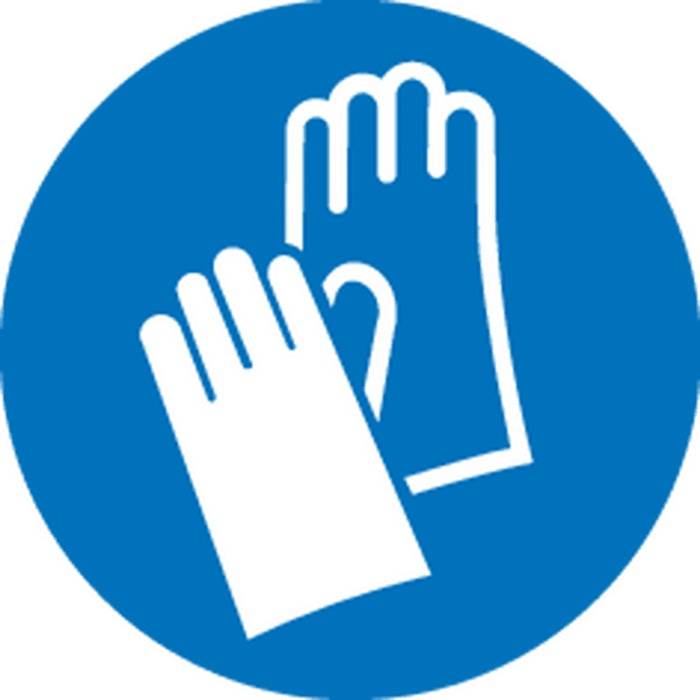 Blaues Rundsschild mit zwei sich überlappenden behandschuhten Händen, das auf Handschutz oder erforderliche Handschuhe hinweist.