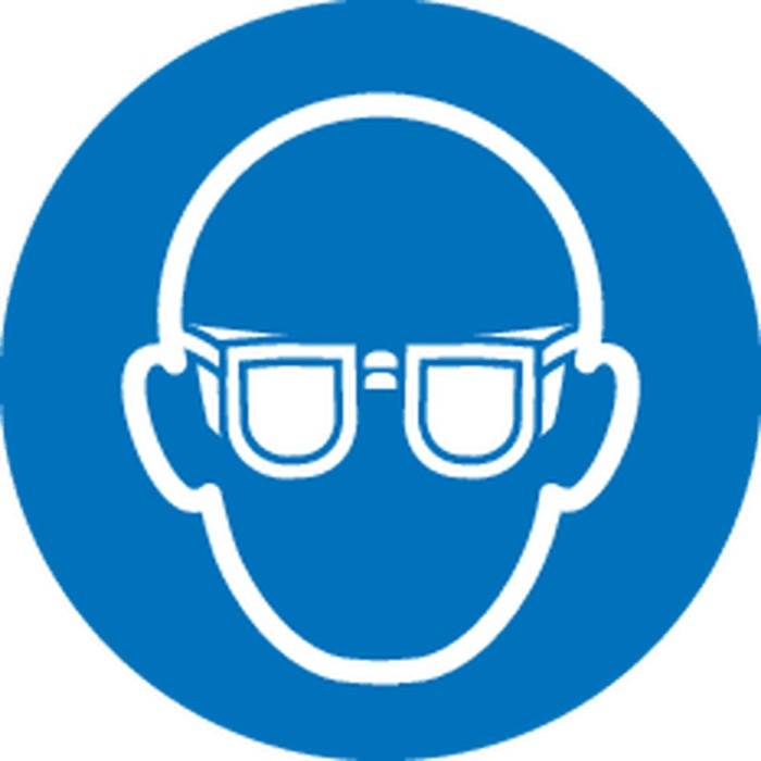 Blaues Pflichtschild für Sicherheit, das eine Person mit Schutzbrille zeigt.