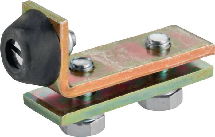 Eine Nahaufnahme eines Metallhalters mit einem schwarzen Gummipuffer an einem Ende, befestigt mit Schrauben und Muttern. Es scheint Teil eines Scharniermechanismus zu sein.