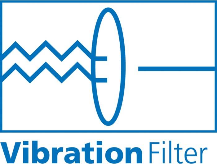 Logo für 'Vibrations­filter' mit einer Zickzacklinie, die durch ein ovales Filtersymbol verläuft und Vibrations­dämpfung oder Filterung andeutet.