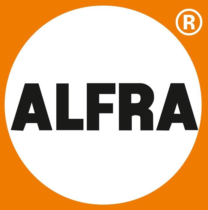 Logo mit dem Text 'ALFRA' in fetten schwarzen Buchstaben innerhalb eines weißen Kreises auf orangefarbenem Hintergrund. Ein eingetragenes Warenzeichensymbol befindet sich in der Ecke.